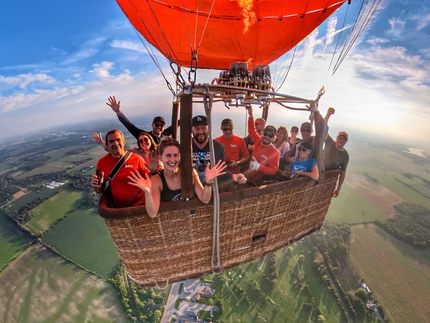 Hot air balloon rising at sunrise near Toronto, Ontario
